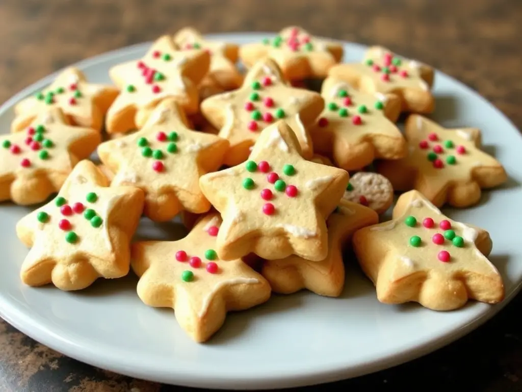 A plate of ricotta cheese Christmas cookies, decorated with colorful icing and sprinkles, showcasing a soft and festive appearance.