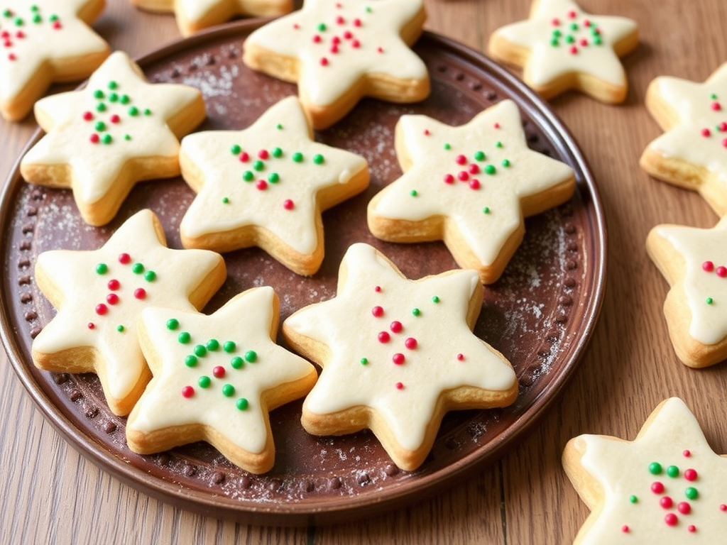 A plate of ricotta cheese Christmas cookies, featuring a soft, pillowy texture, decorated with festive icing and colorful sprinkles.