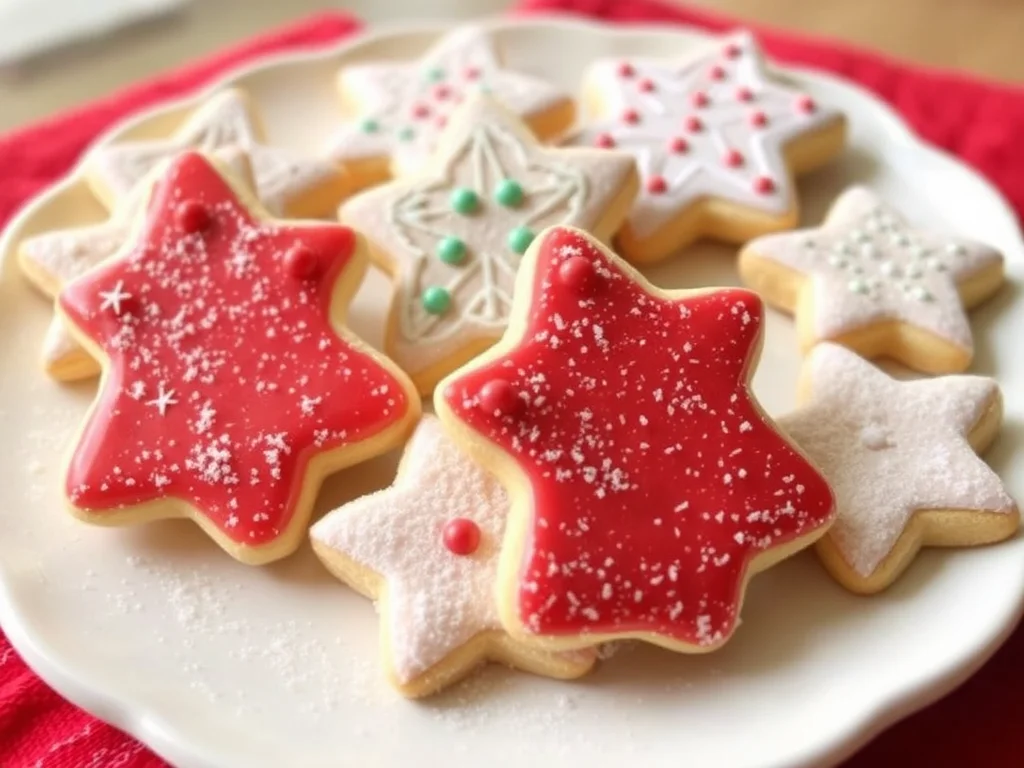 A plate of sugar Christmas cookies shaped into stars and trees, with smooth icing and festive decorations, made without baking powder.