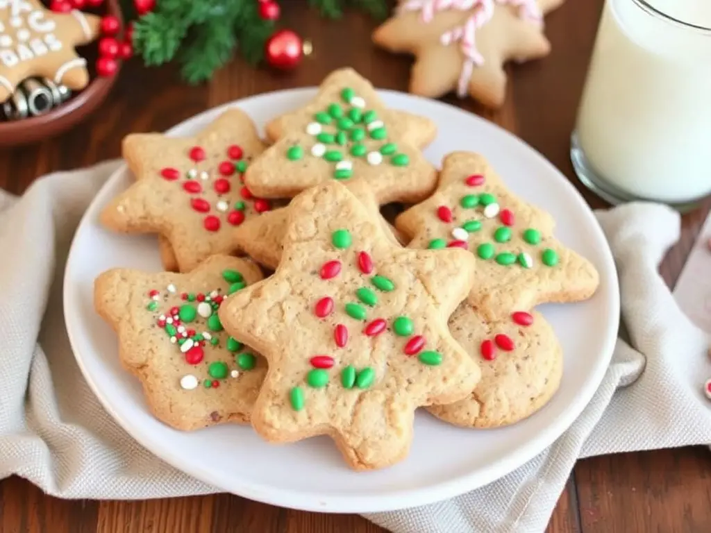 A plate of colorful vegan Christmas cookies in festive shapes, decorated with plant-based icing and sprinkles, showcasing a delightful holiday treat.