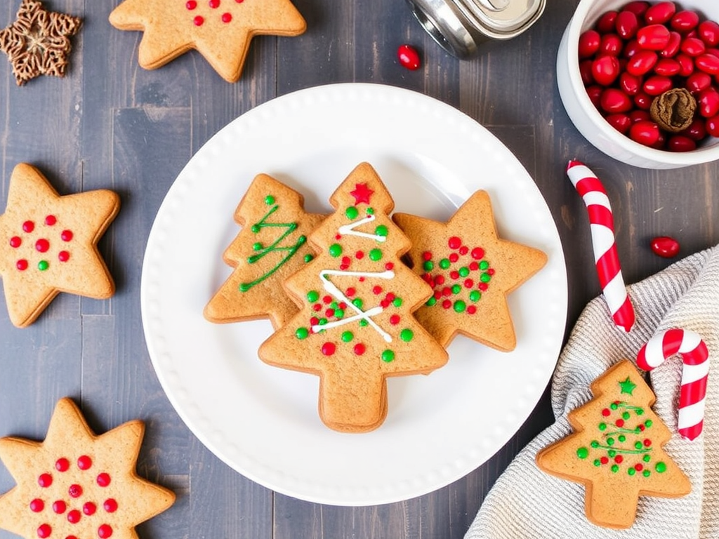 A tray of vegan Christmas cookies in festive shapes, decorated with colorful vegan icing and sprinkles, showcasing a variety of holiday designs.