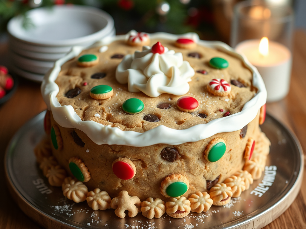 A slice of Christmas cookie cake topped with colorful icing and festive sprinkles, showcasing a soft, chewy texture and holiday decorations.