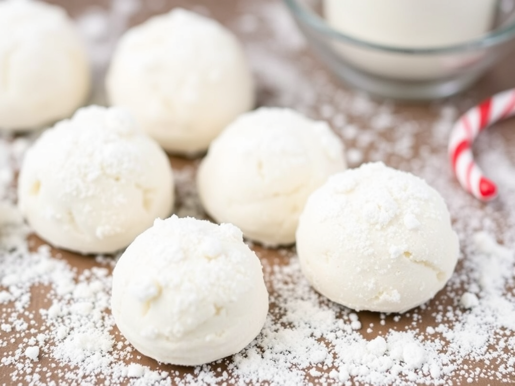 A plate of snowball cookies coated in powdered sugar, with a soft, crumbly texture and bits of chopped nuts inside.