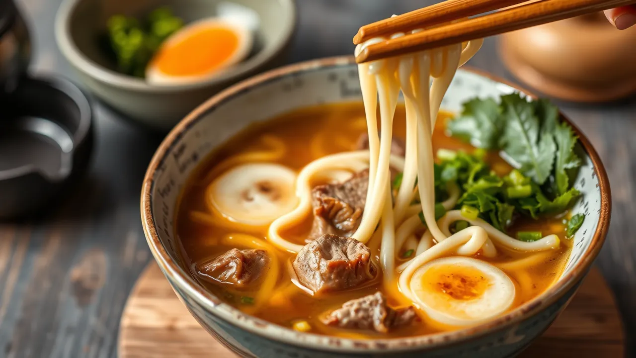 A steaming bowl of classic beef udon soup with thick udon noodles, tender beef slices, and a clear savory broth, garnished with green onions.