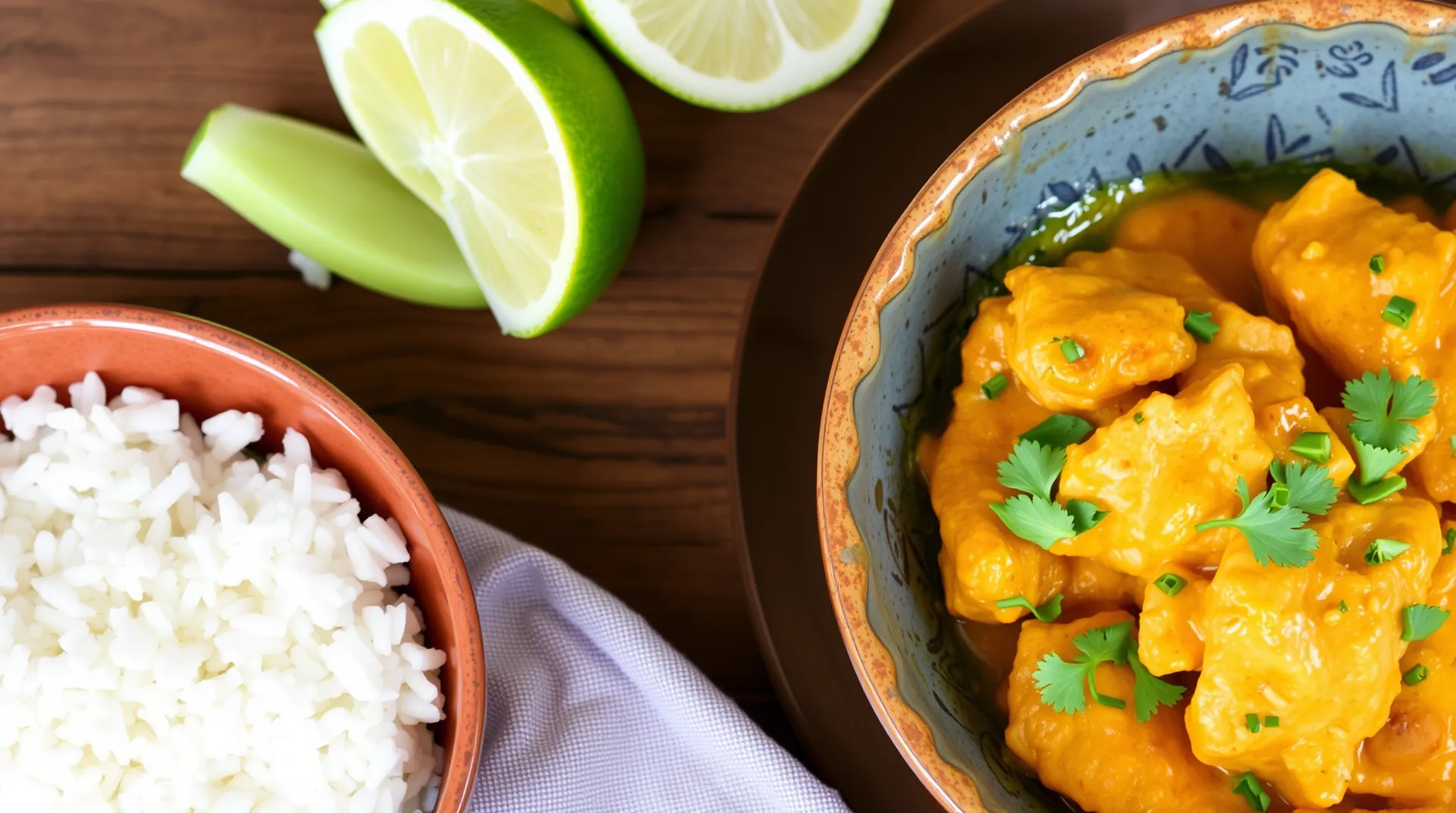 A bowl of coconut curry chicken featuring tender chicken pieces in a creamy coconut sauce, garnished with fresh cilantro and served with rice.