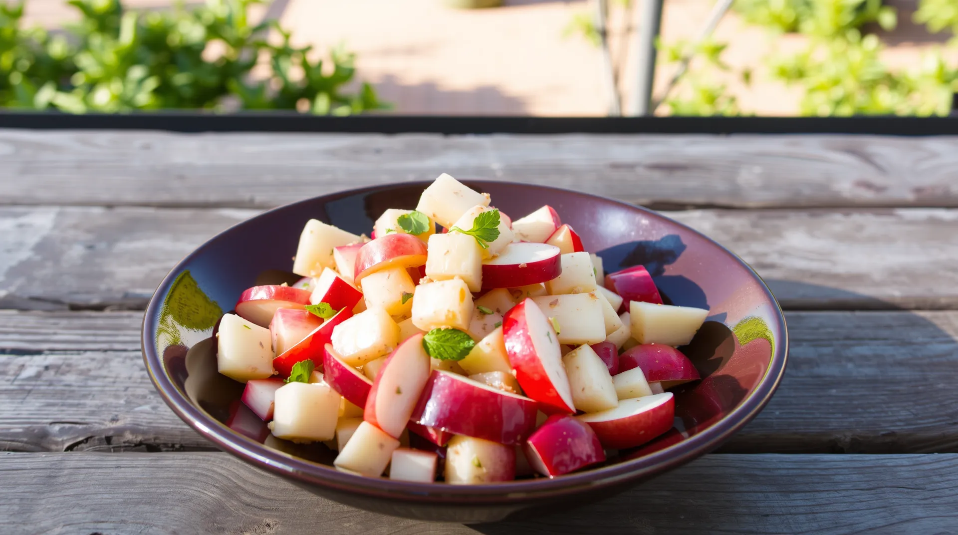 A vibrant apple salad featuring crisp apple slices, mixed greens, walnuts, and feta cheese, drizzled with a light vinaigrette.