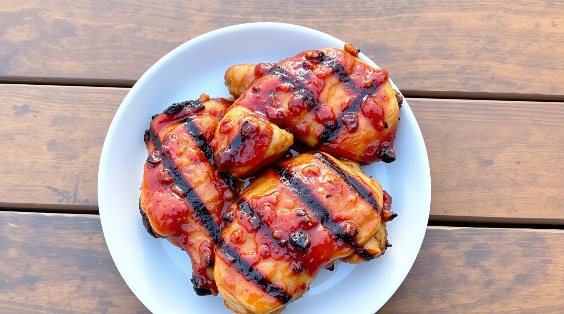 A platter of grilled BBQ chicken pieces glazed with a rich barbecue sauce, garnished with fresh herbs and served with coleslaw and corn on the cob.