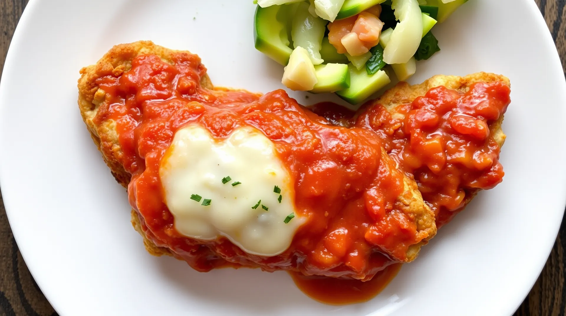 A plate of crispy chicken parmesan topped with melted mozzarella and marinara sauce, garnished with fresh basil, served with a side of spaghetti.