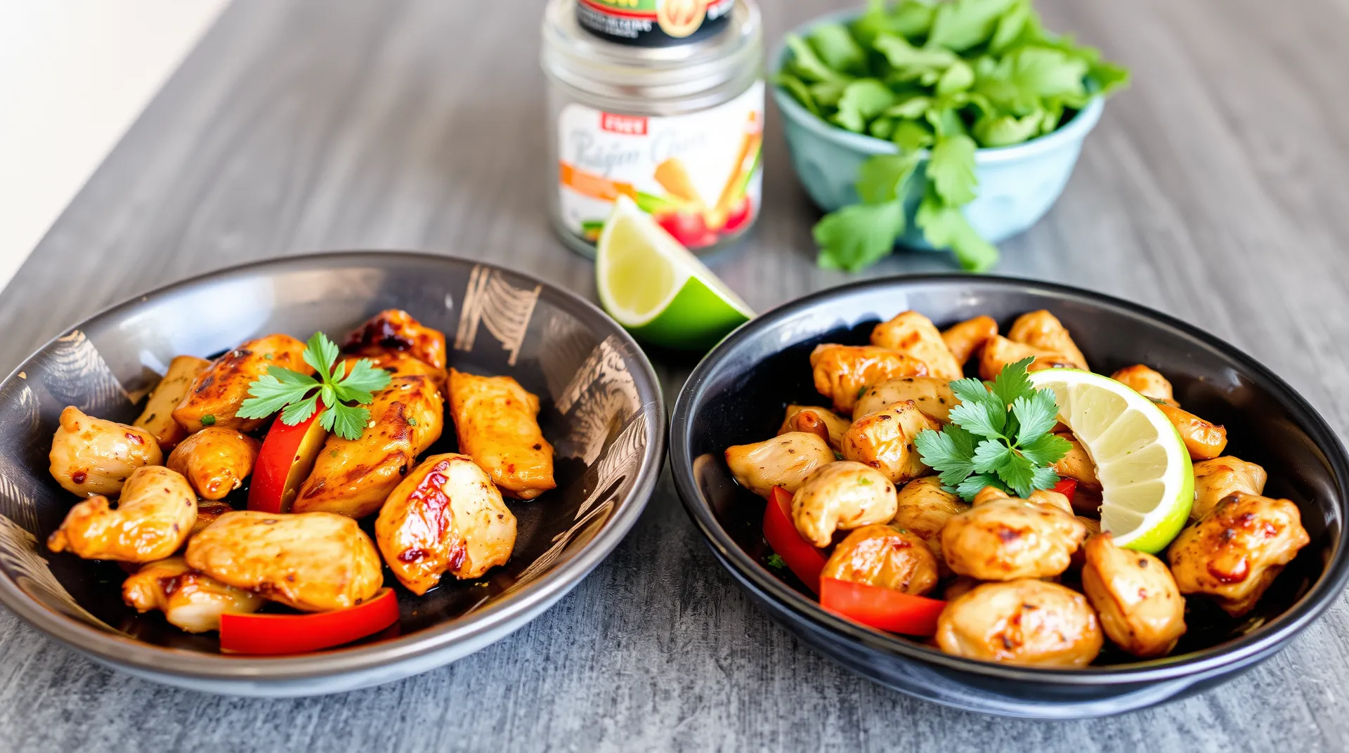 A sizzling platter of chicken fajitas featuring marinated chicken strips, bell peppers, and onions, served with warm tortillas and toppings.