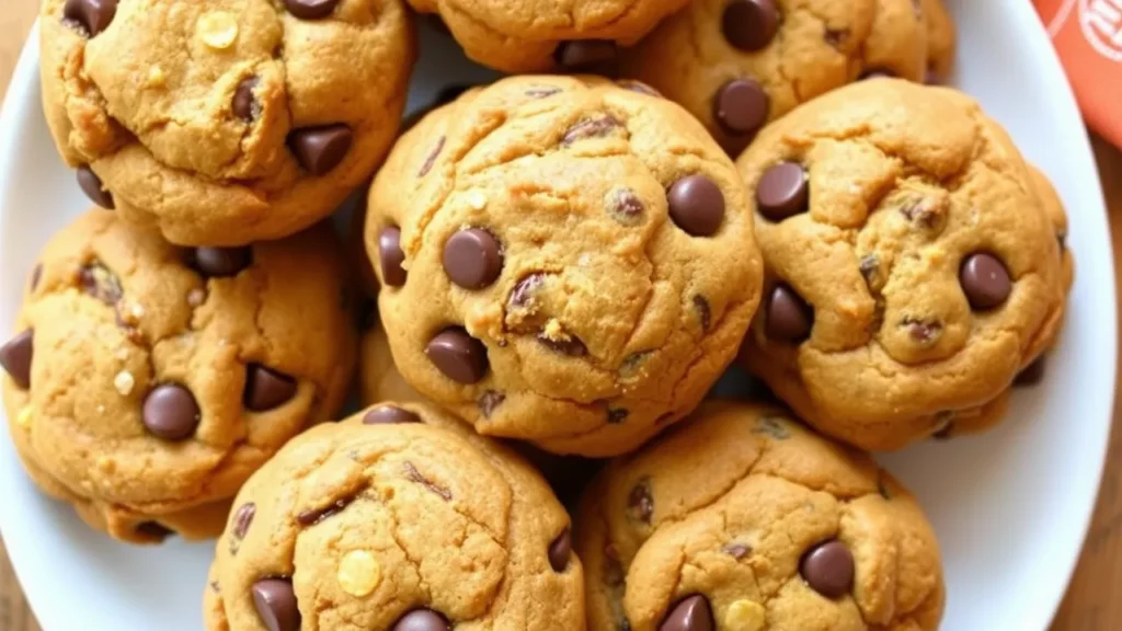 A plate of warm pumpkin chocolate chip cookies, featuring a soft texture with gooey chocolate chips and a sprinkle of pumpkin spice.