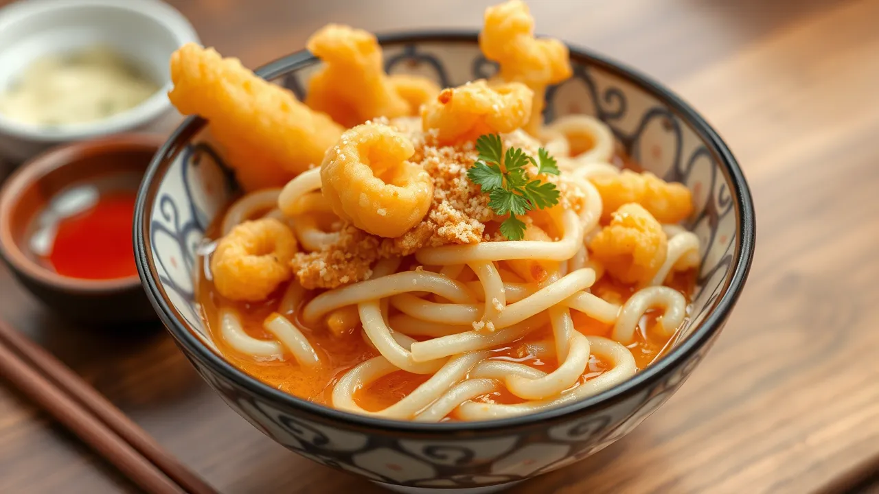 A bowl of tempura udon featuring thick udon noodles, crispy tempura shrimp and vegetables, garnished with green onions in a savory broth.