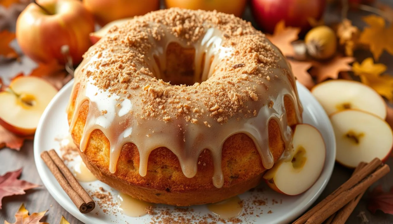 A slice of moist apple cider donut cake topped with a cinnamon sugar coating, garnished with apple slices and served on a rustic plate.