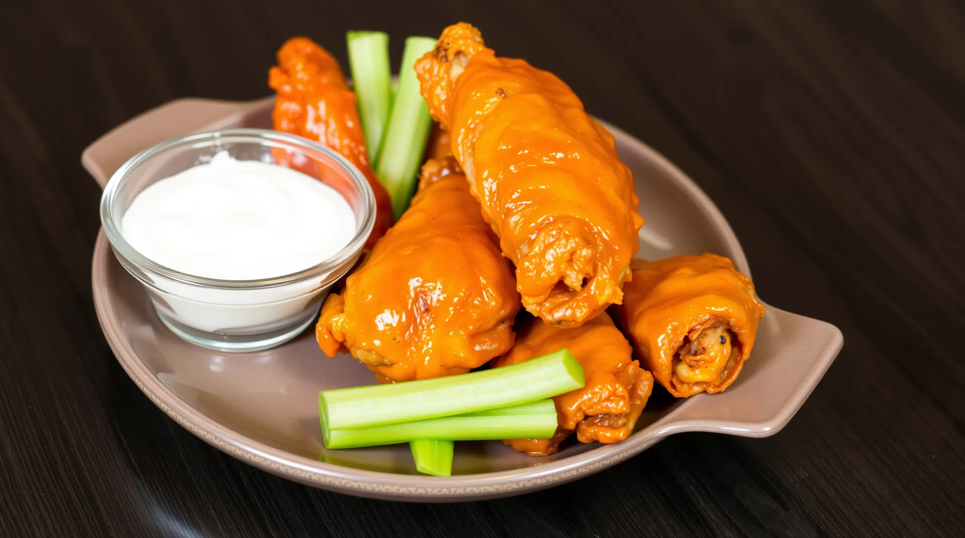 A platter of crispy buffalo chicken wings coated in a spicy sauce, garnished with celery sticks and served with a side of ranch dressing.