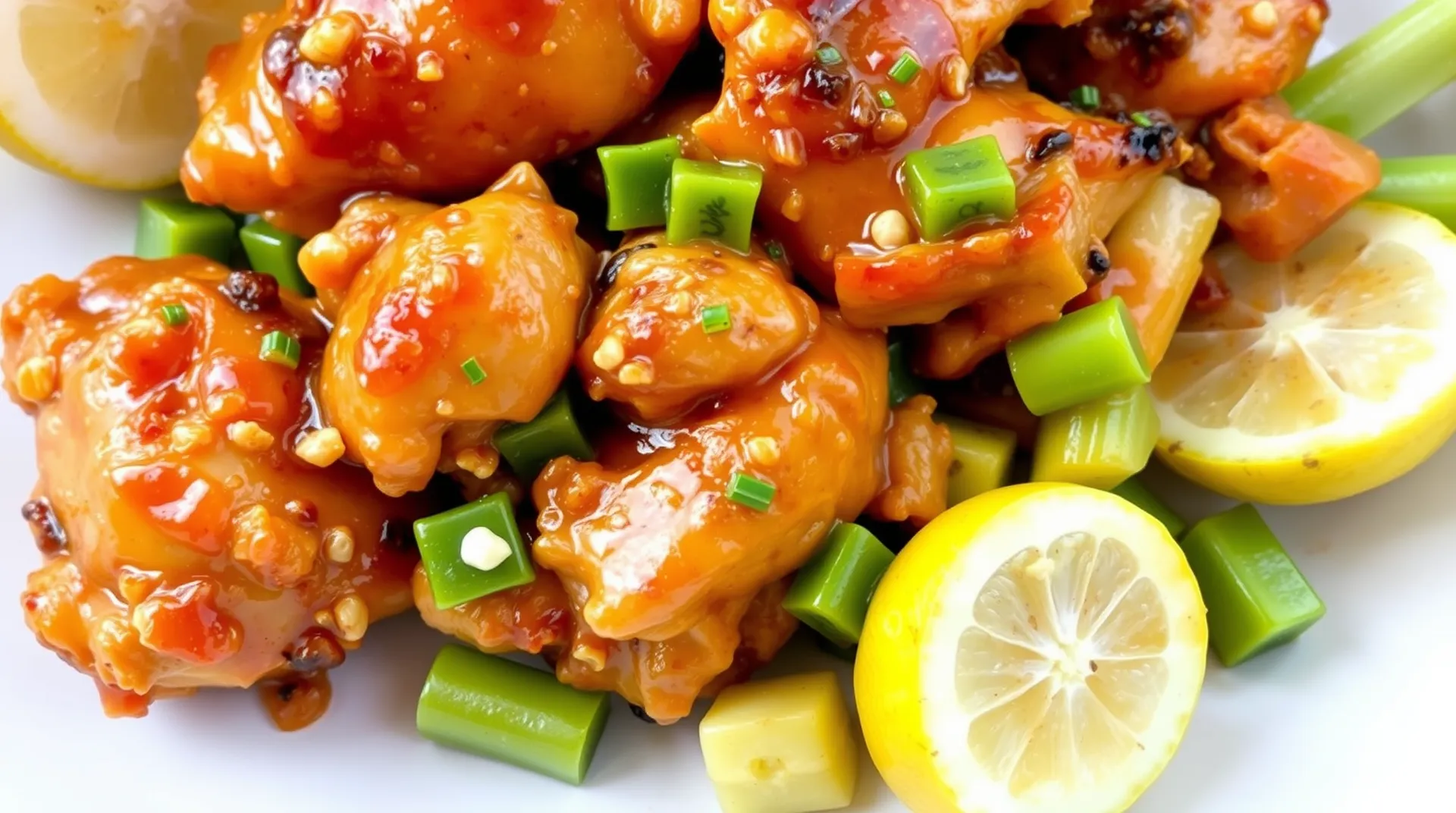 A plate of honey garlic chicken featuring tender chicken pieces glazed in a shiny honey-garlic sauce, garnished with sesame seeds and green onions.