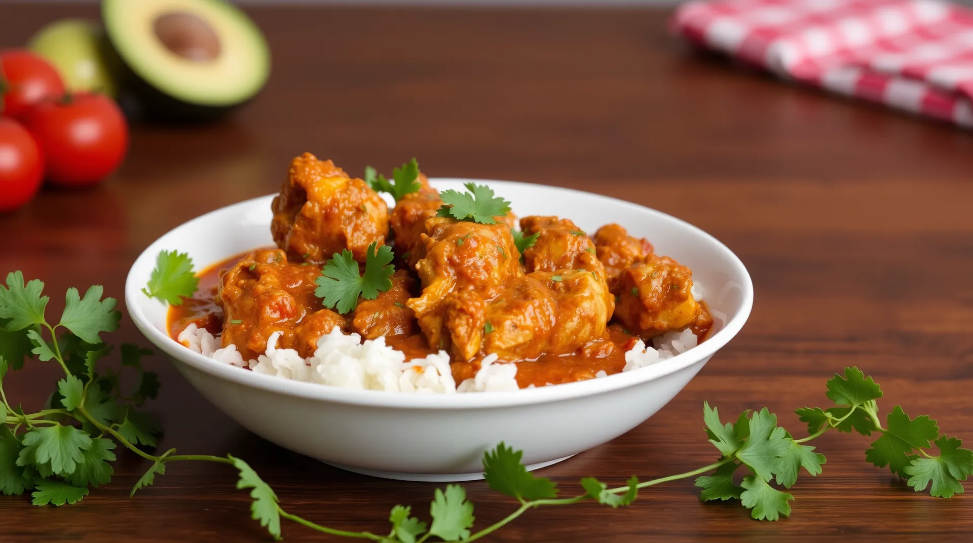 A plate of chicken tikka masala featuring tender chicken pieces in a creamy tomato sauce, garnished with fresh cilantro and served with naan bread.