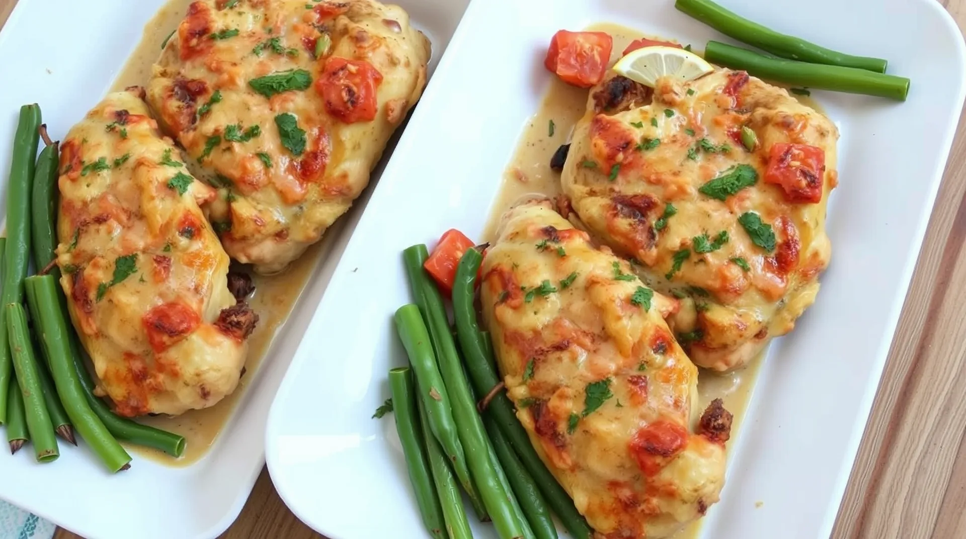 A plate of creamy Tuscan chicken featuring tender chicken breasts in a rich cream sauce with sun-dried tomatoes and spinach, garnished with parsley.