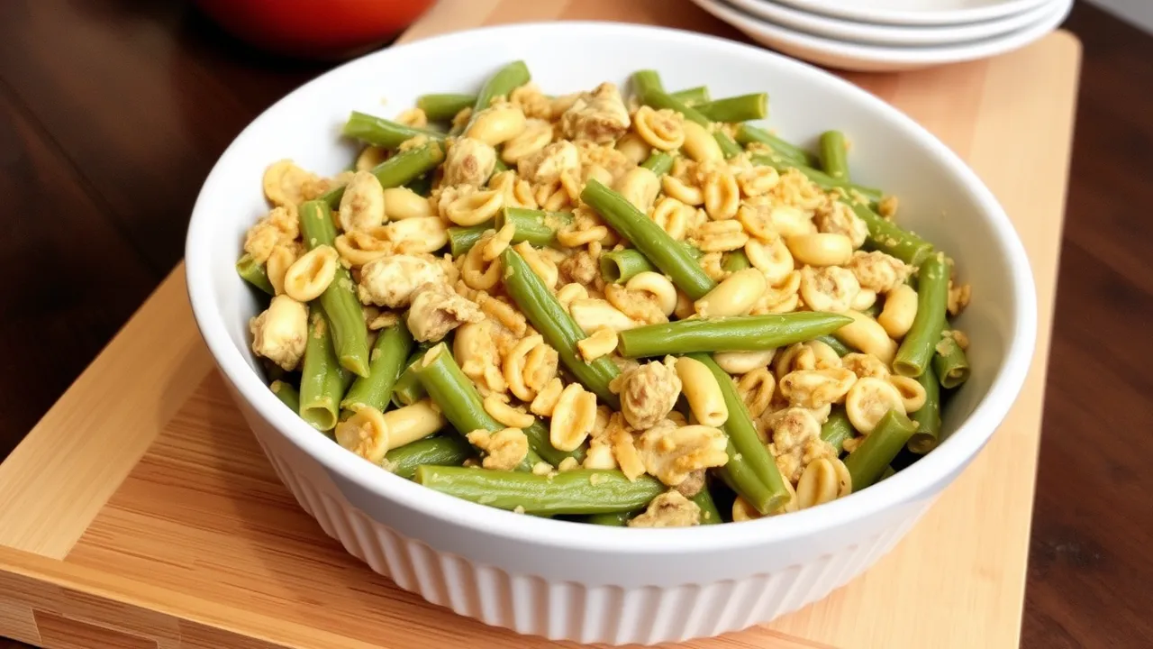 A baking dish of classic green bean casserole topped with crispy fried onions, featuring tender green beans in a creamy sauce.