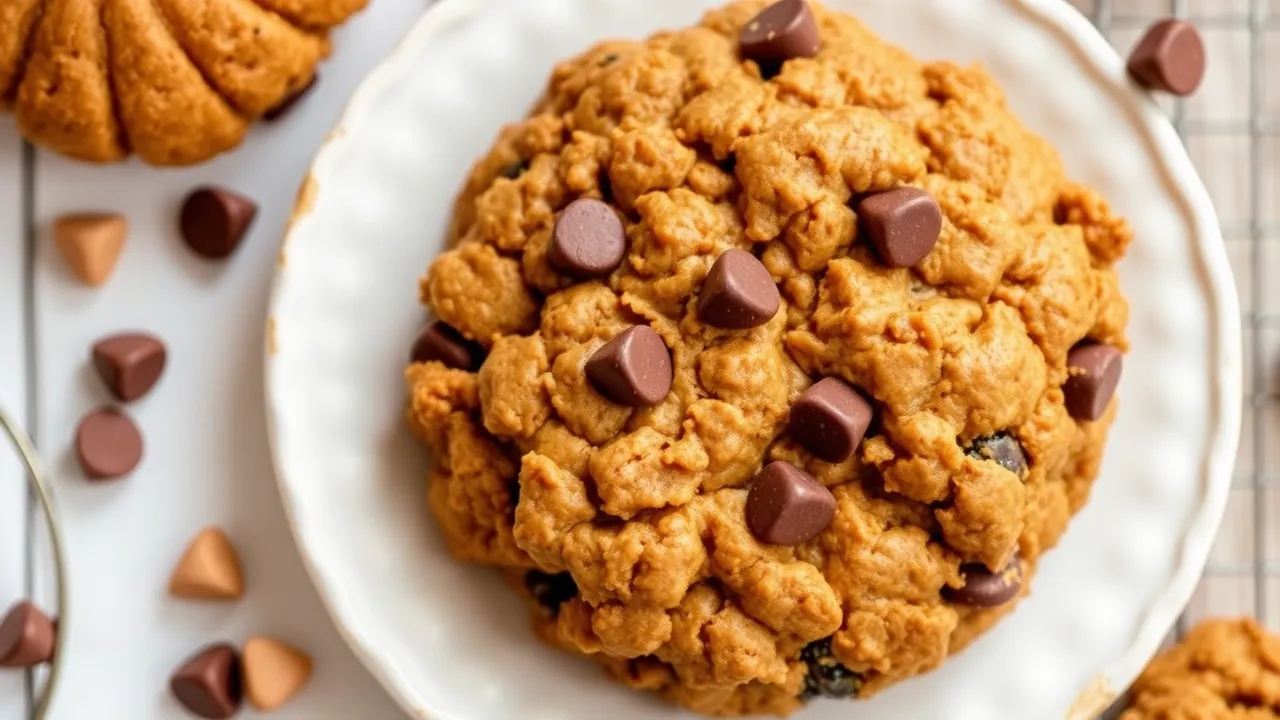 A plate of pumpkin oatmeal chocolate chip cookies, featuring a chewy texture with oats, chocolate chips, and a hint of pumpkin spice.