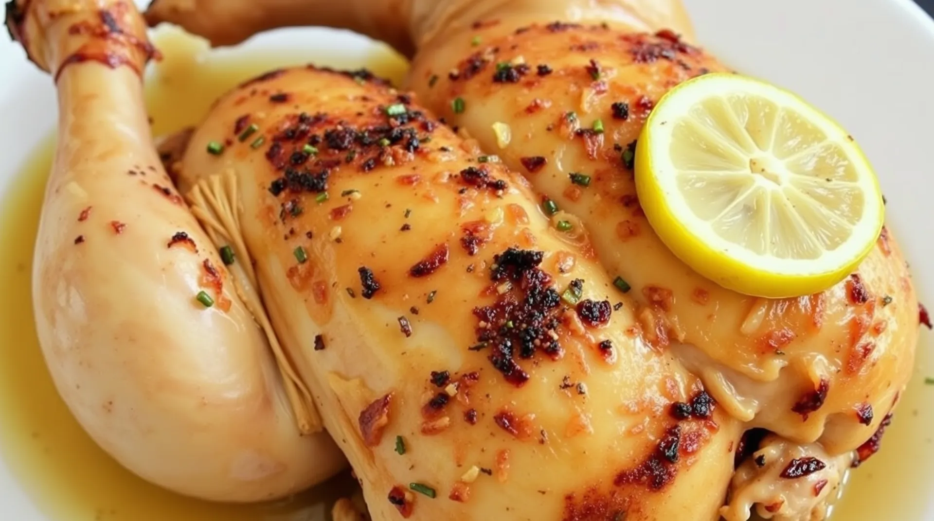 A beautifully roasted lemon garlic chicken, garnished with fresh herbs, lemon wedges, and served on a platter with roasted vegetables.