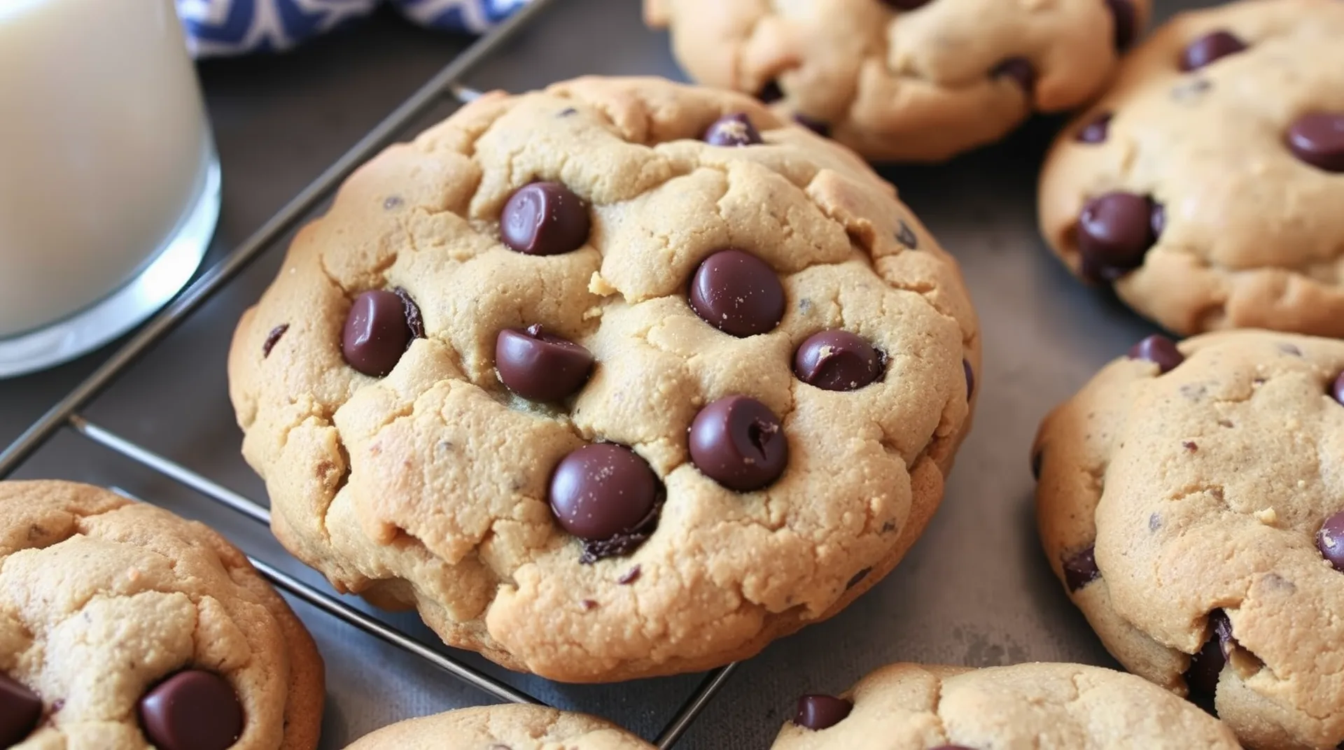 A plate of warm, freshly baked chocolate chip cookies, featuring gooey chocolate chips and a golden-brown exterior, with a glass of milk in the background.