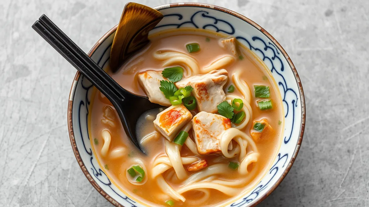 A steaming bowl of chicken udon soup with tender udon noodles, juicy chicken slices, fresh green onions, and a flavorful broth.