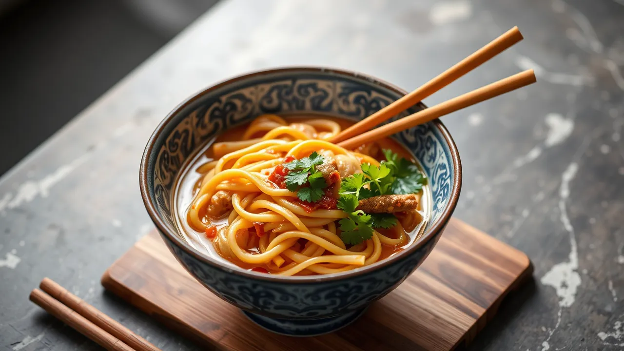 A bowl of curry udon with thick udon noodles, tender beef slices, and rich curry broth, garnished with green onions.