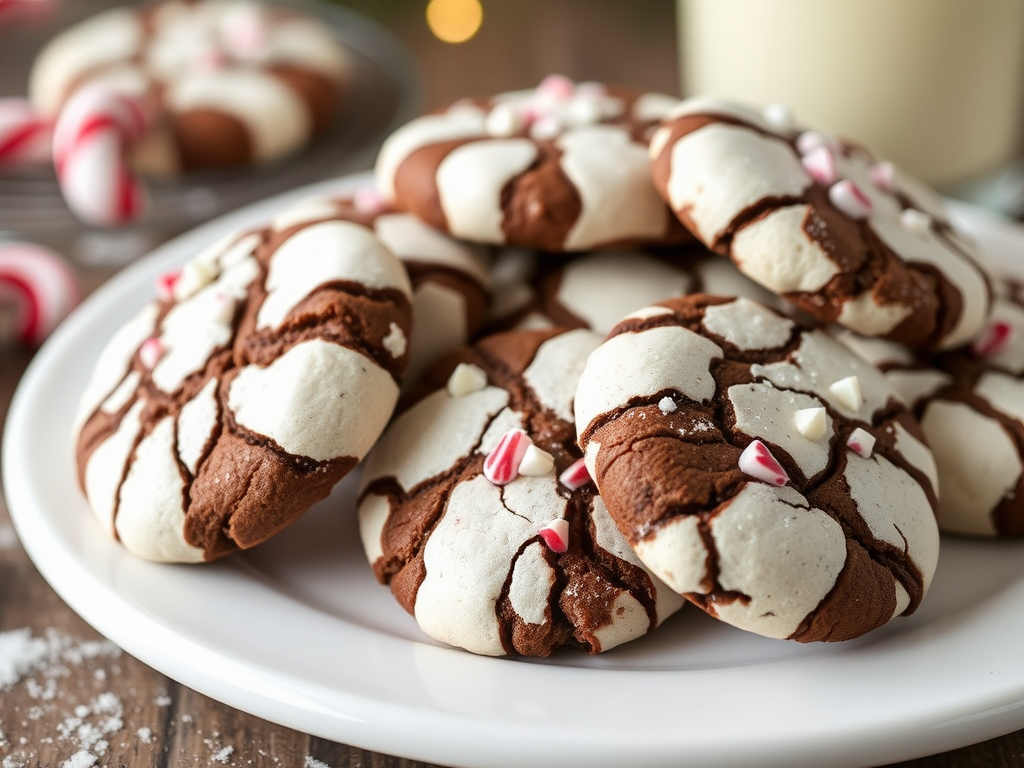 A plate of peppermint mocha crinkle cookies dusted with powdered sugar, featuring a rich chocolate color with red and white peppermint pieces.