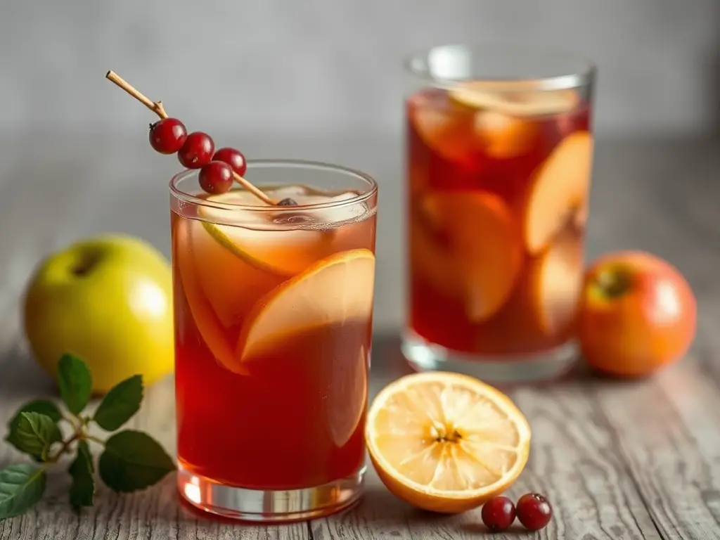 A refreshing glass of caramel apple sangria garnished with apple slices and a cinnamon stick, perfect for fall gatherings.