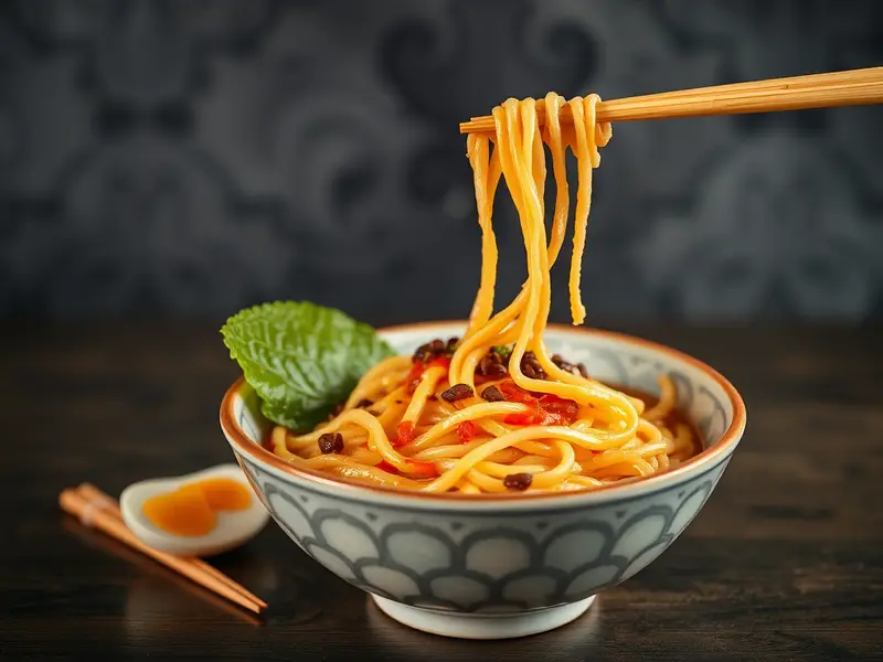 A plate of yaki udon stir-fried noodles with tender beef, vegetables, and savory sauce, topped with green onions and sesame seeds.