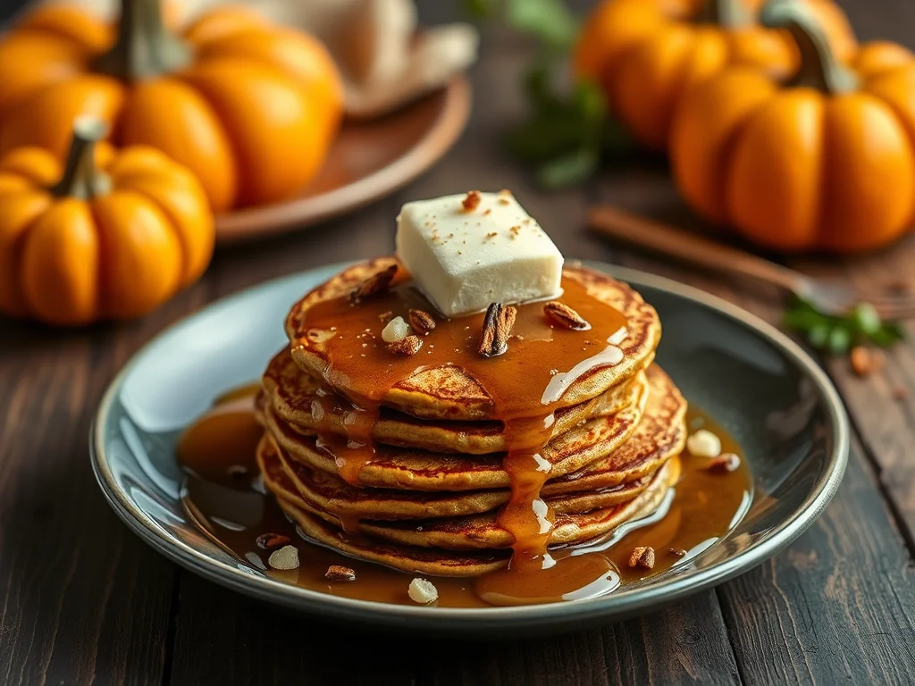 A stack of fluffy pumpkin pancakes drizzled with maple syrup, topped with whipped cream and a sprinkle of cinnamon.