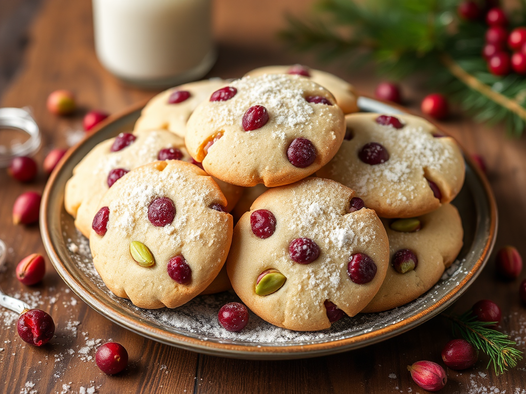 A plate of cranberry pistachio shortbread cookies featuring a festive red and green mix of dried cranberries and pistachios, with a sprinkle of powdered sugar.