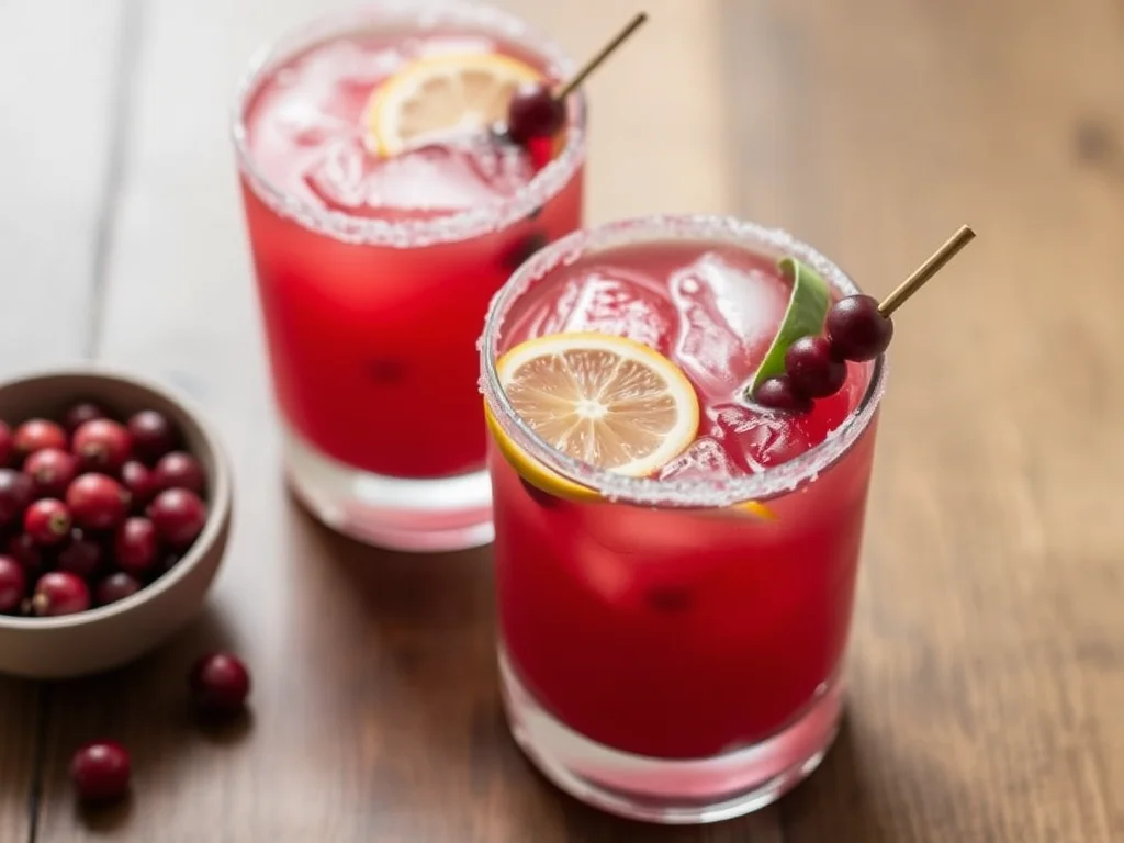 A Thanksgiving cranberry margarita in a salt-rimmed glass, garnished with fresh cranberries, a slice of lime, and a sprig of rosemary.