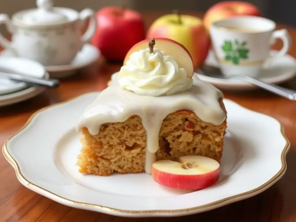 A freshly baked apple tea cake topped with thinly sliced apples and a dusting of powdered sugar, served on a rustic plate.