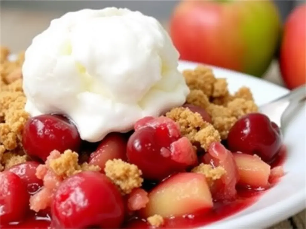 A warm cherry apple crisp served in a baking dish, topped with a golden, crumbly oat topping and garnished with fresh cherries and apple slices.