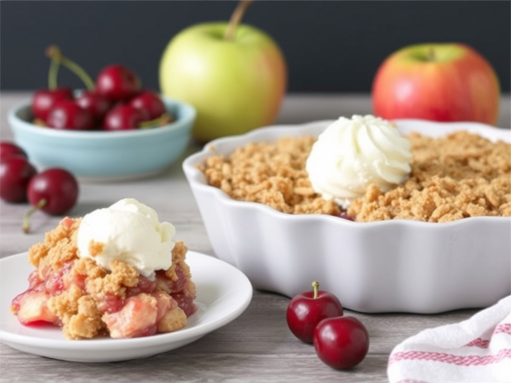 A warm cherry apple crisp served in a baking dish, topped with a golden oat crumble, and garnished with fresh cherries and apple slices.