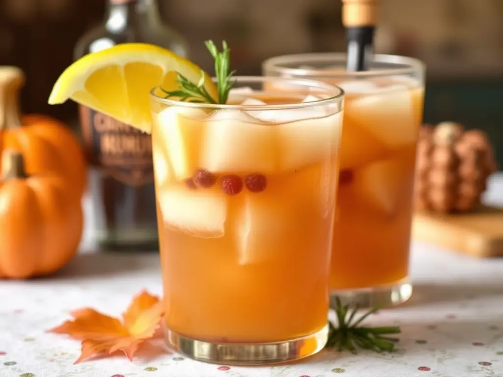 A festive pitcher of Thanksgiving punch with rum, garnished with sliced oranges, apples, cranberries, and cinnamon sticks.