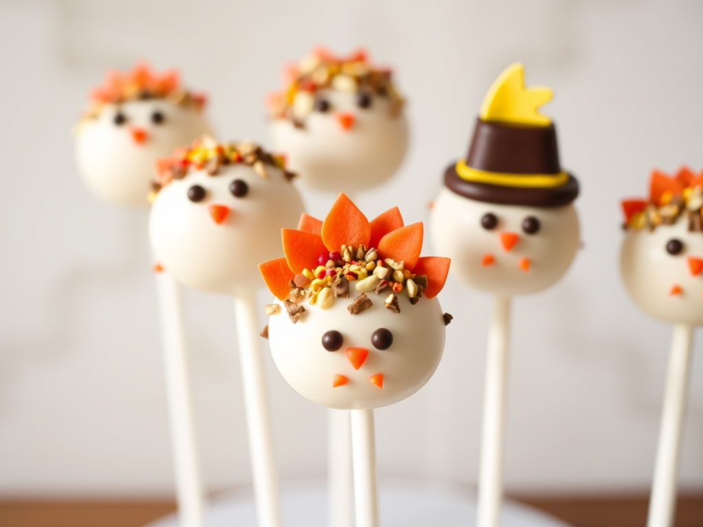 Thanksgiving-themed cake pops decorated with fall colors and shaped like pumpkins, turkeys, and autumn leaves.