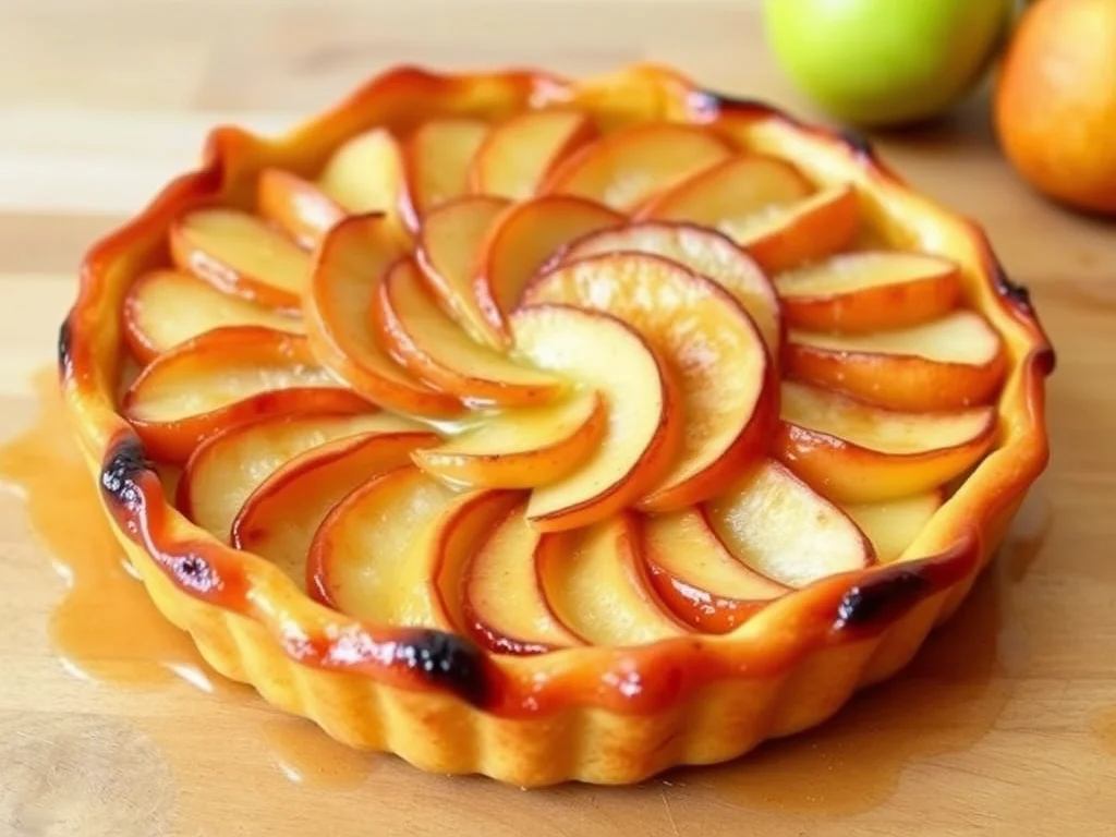 A golden apple pear tarte Tatin with caramelized apple and pear slices on a flaky pastry base, served warm on a dessert plate.