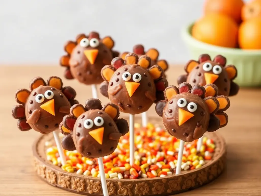 Thanksgiving-themed cake pops decorated with fall colors, shaped like pumpkins, turkeys, and autumn leaves.