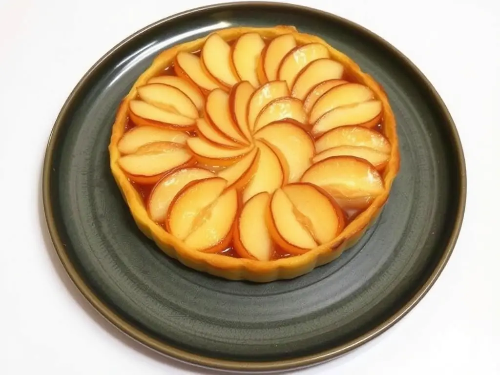 A golden apple pear tarte Tatin with caramelized apple and pear slices on a flaky pastry base, served warm on a dessert plate.