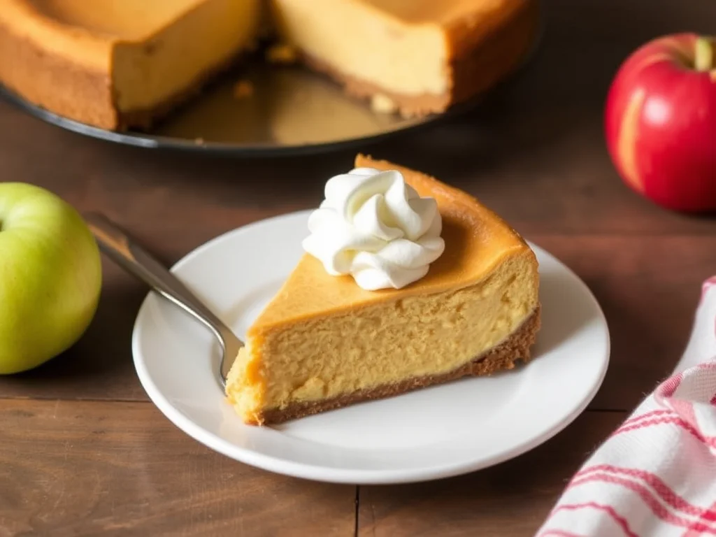 A slice of pumpkin apple cheesecake with a spiced graham cracker crust, topped with caramel drizzle and fresh apple slices.