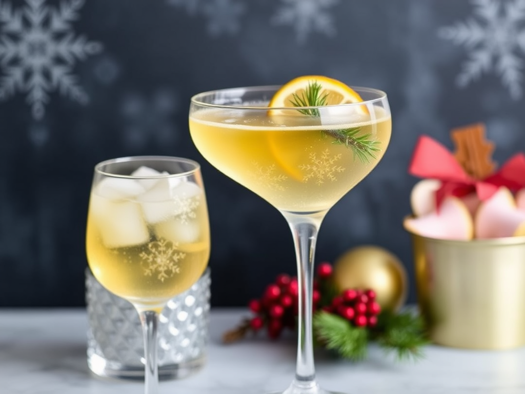 A sparkling Christmas Prosecco cocktail garnished with fresh cranberries, rosemary sprigs, and a touch of orange zest for a festive holiday look.