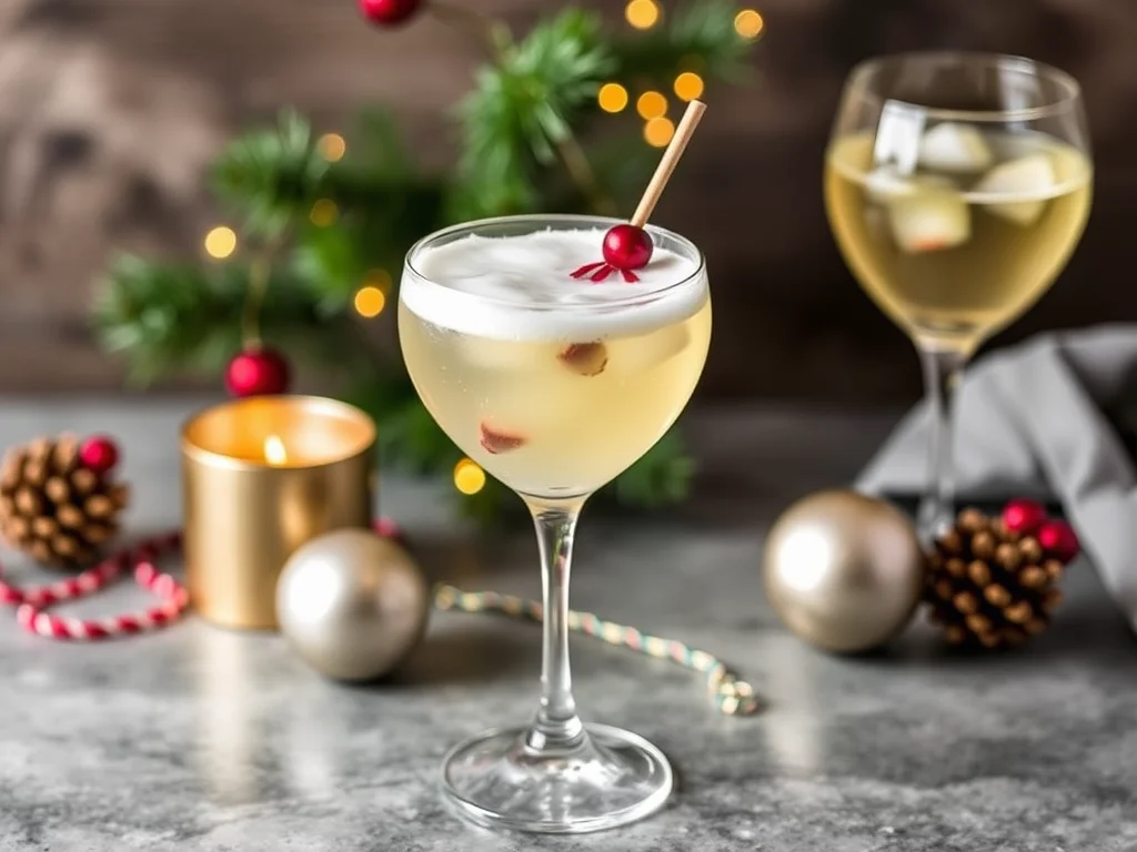 A festive Christmas prosecco cocktail in a champagne flute, garnished with fresh cranberries, rosemary, and a sugar rim.