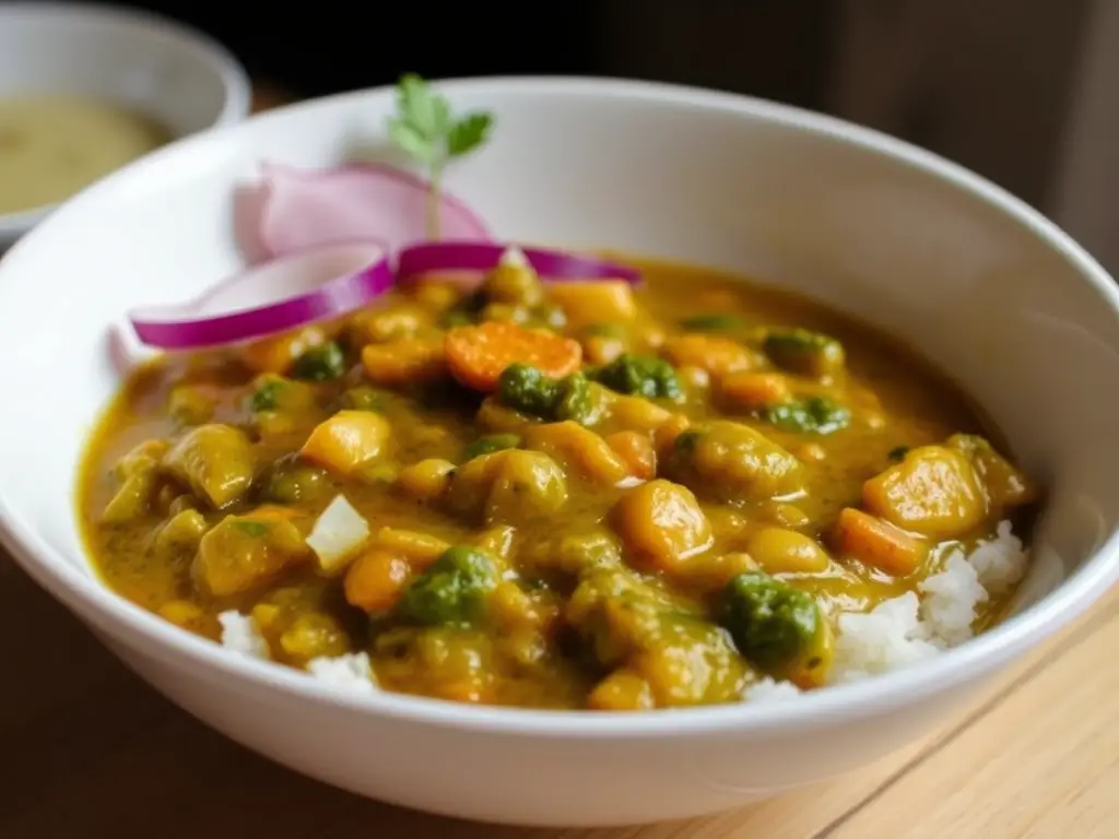 A bowl of chana saag featuring tender chickpeas in a creamy spinach and spice-infused sauce, garnished with fresh cilantro.