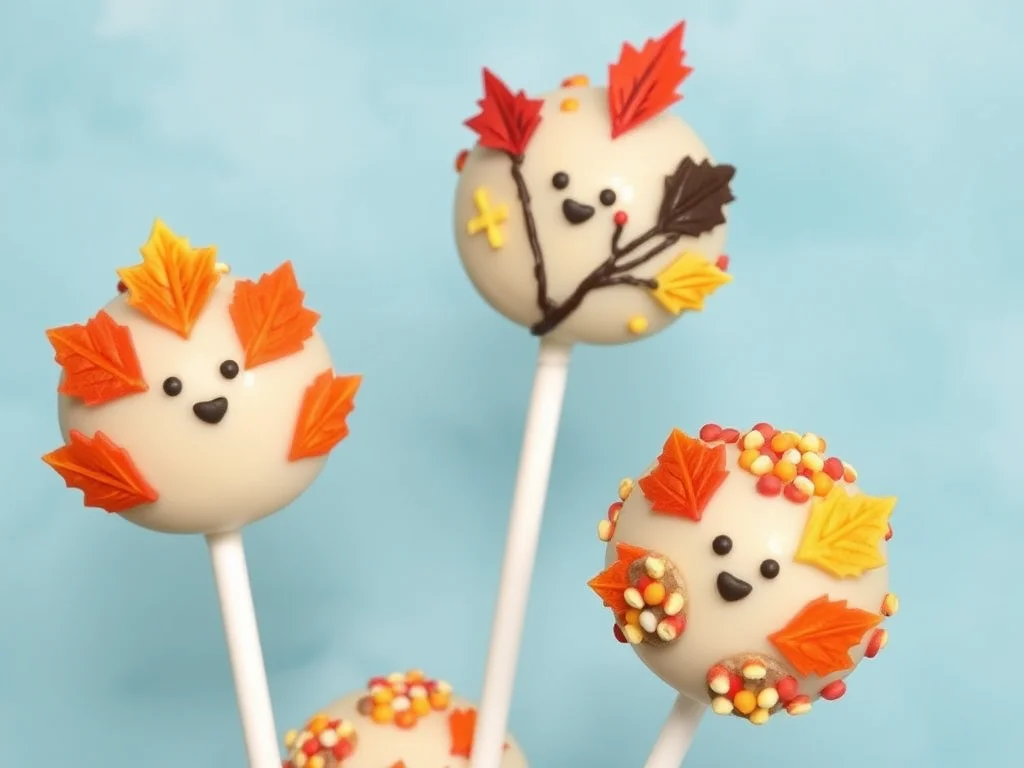 A set of autumn-themed cake pops decorated in warm fall colors, shaped like pumpkins, acorns, and autumn leaves.