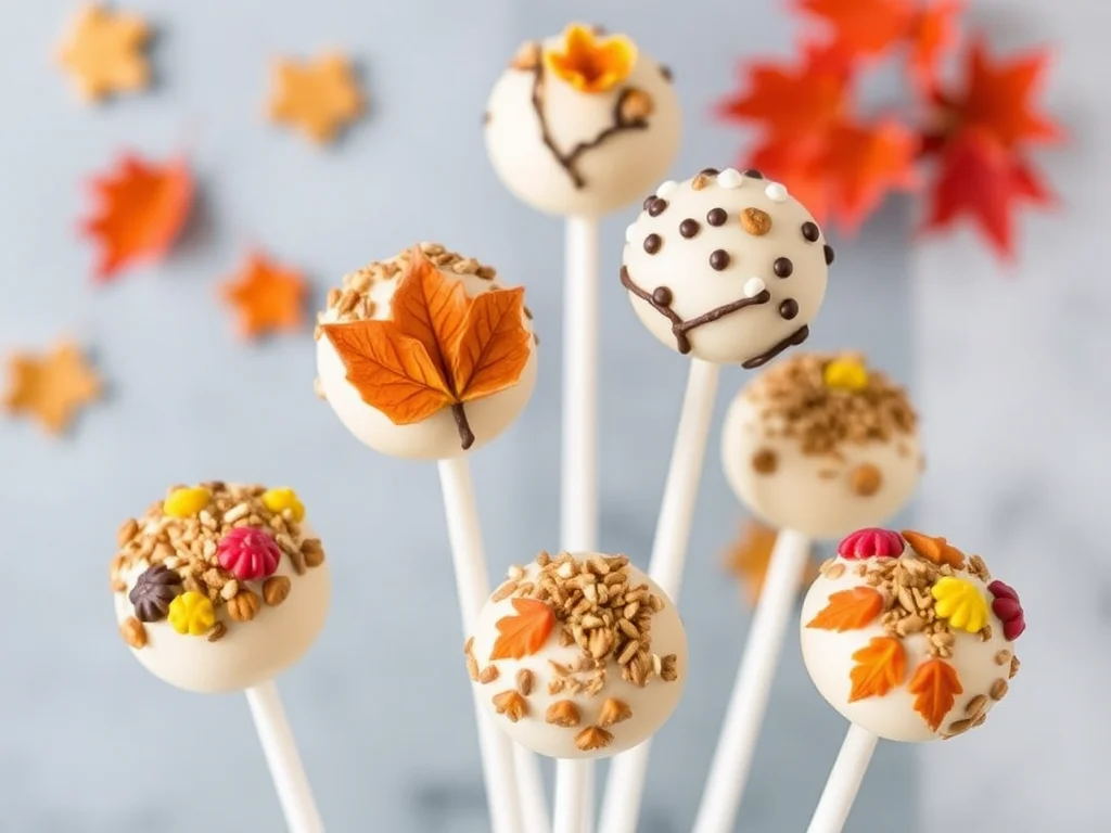 Autumn-themed cake pops decorated in warm fall colors, shaped like pumpkins, acorns, and leaves, arranged on a display.