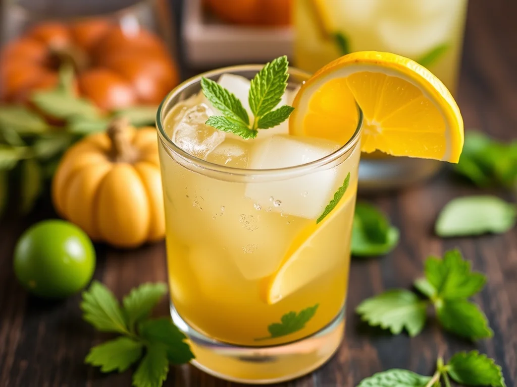 A Thanksgiving mojito in a glass with a cinnamon stick, fresh cranberries, and mint leaves, combining fall flavors with a refreshing twist.