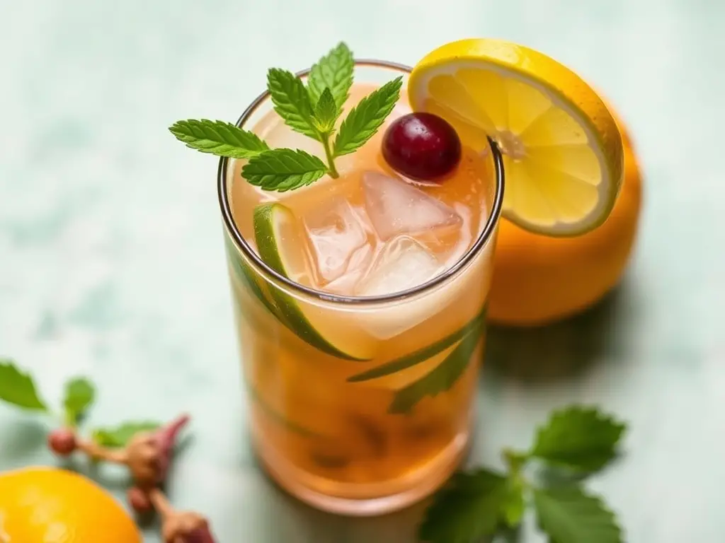 A refreshing Thanksgiving mojito served in a glass, garnished with mint leaves, lime slices, and fresh cranberries, evoking a festive atmosphere.