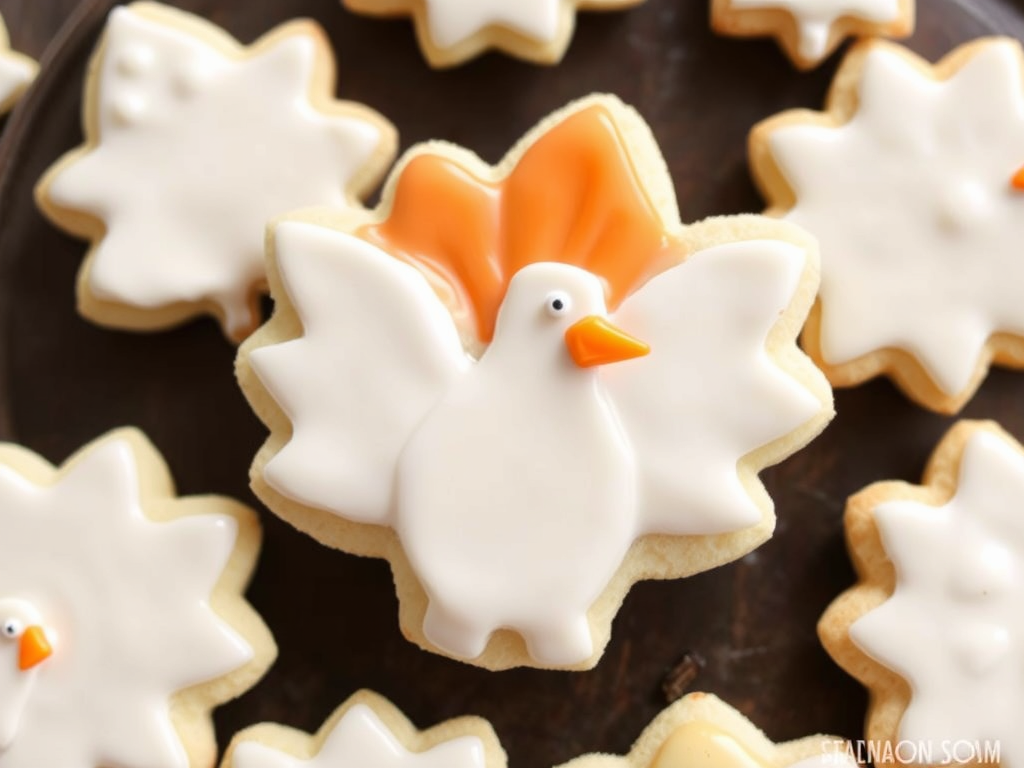 Thanksgiving sugar cookies decorated with royal icing in fall shapes, including pumpkins, leaves, and turkeys, in warm autumn colors.