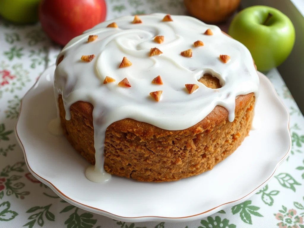 A moist apple tea cake topped with sliced apples and a sprinkle of cinnamon, served on a plate, perfect for afternoon tea.